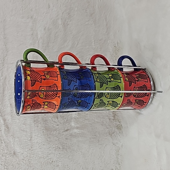 Set of 4 PIER ONE 1 Imports Coffee Colorful Owls Stackable Owl Mugs Tea Cups - Picture 1 of 8